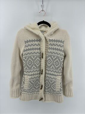 Vintage LL Bean 50% Wool Blend Hooded Nordic Knit Cardigan Sherpa